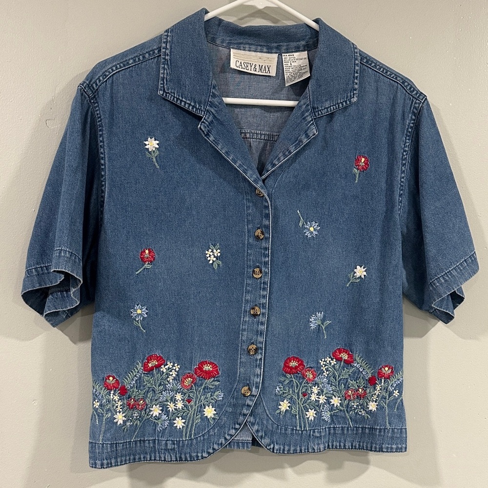 Vintage Casey&MaxFloral Embroidered Women's Blouse size S 100% cotton 90s